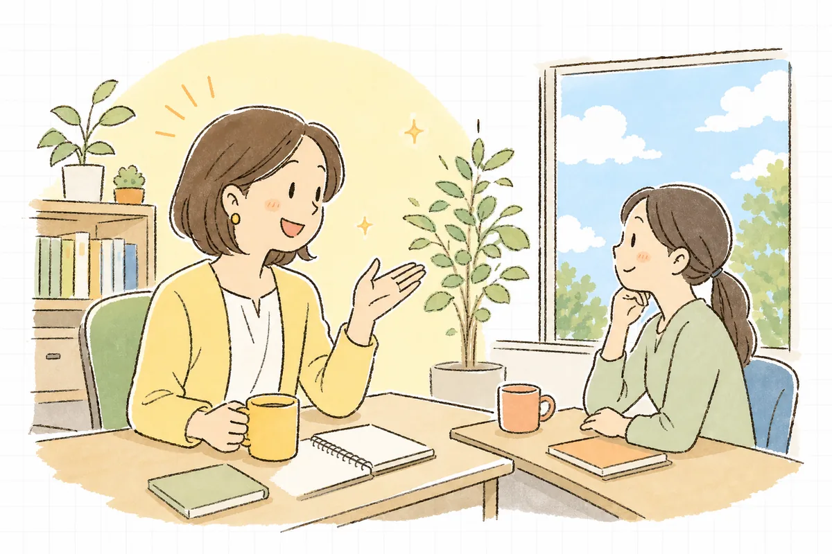 試用期間を経てなじんできた従業員と、穏やかに言葉を交わしながら安心した表情を見せるひとり労務担当者