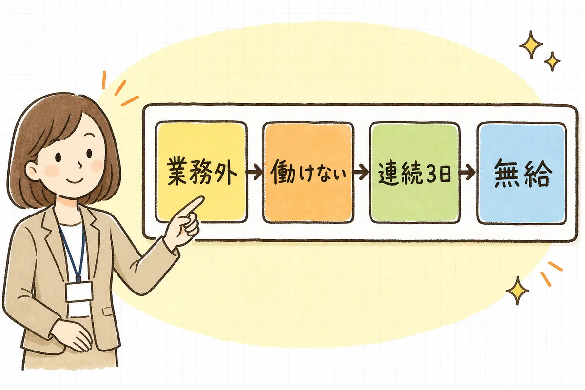 傷病手当金がもらえる4つの条件を、業務外・働けない・連続3日・無給の4つに分けて整理した概念図