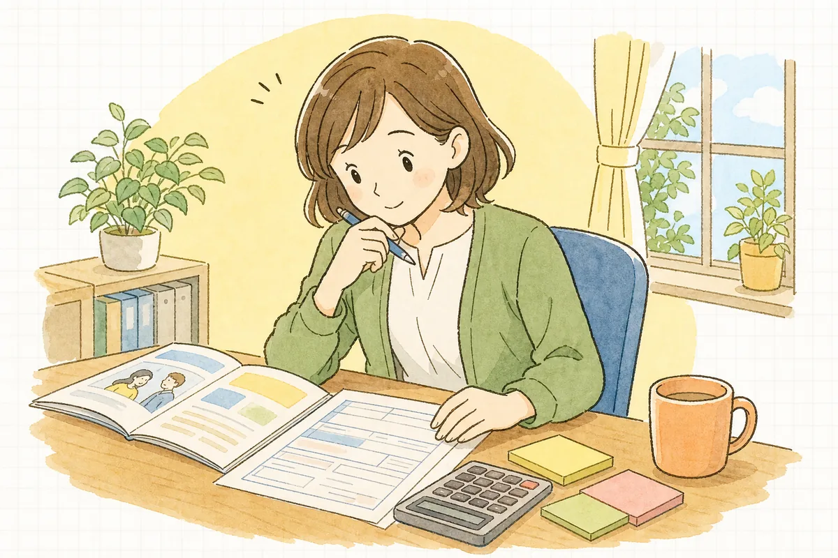 事務所の机で健康保険の資料と申請書、電卓を広げ、病気で休む従業員のために傷病手当金の手続きを落ち着いて確認している中小企業のひとり労務担当者