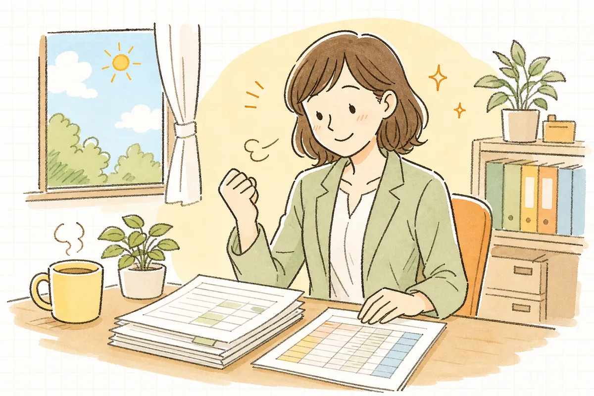 賞与の源泉所得税の計算を終え、整理された賞与明細を前に肩の力が抜けて穏やかにほほえむ中小企業のひとり労務担当者