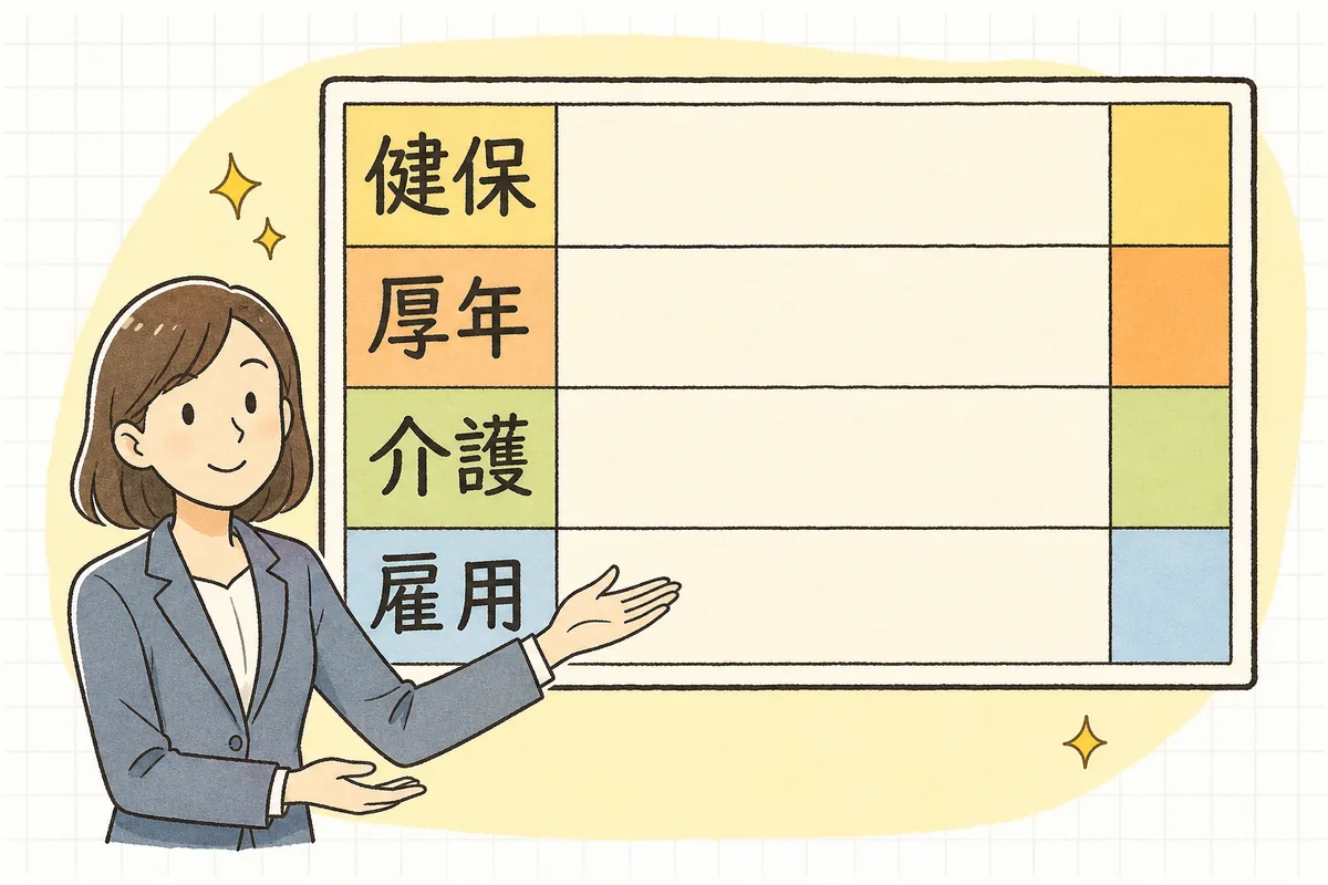 標準賞与額に健康保険・厚生年金・介護保険の料率をかけて労使折半し、雇用保険は賞与総額にかける控除の内訳図