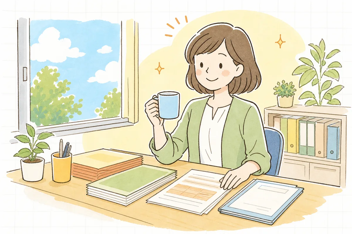 賞与支払届を出し終え、整理された明細と控えを前に肩の力が抜けて穏やかにほほえむ労務担当者