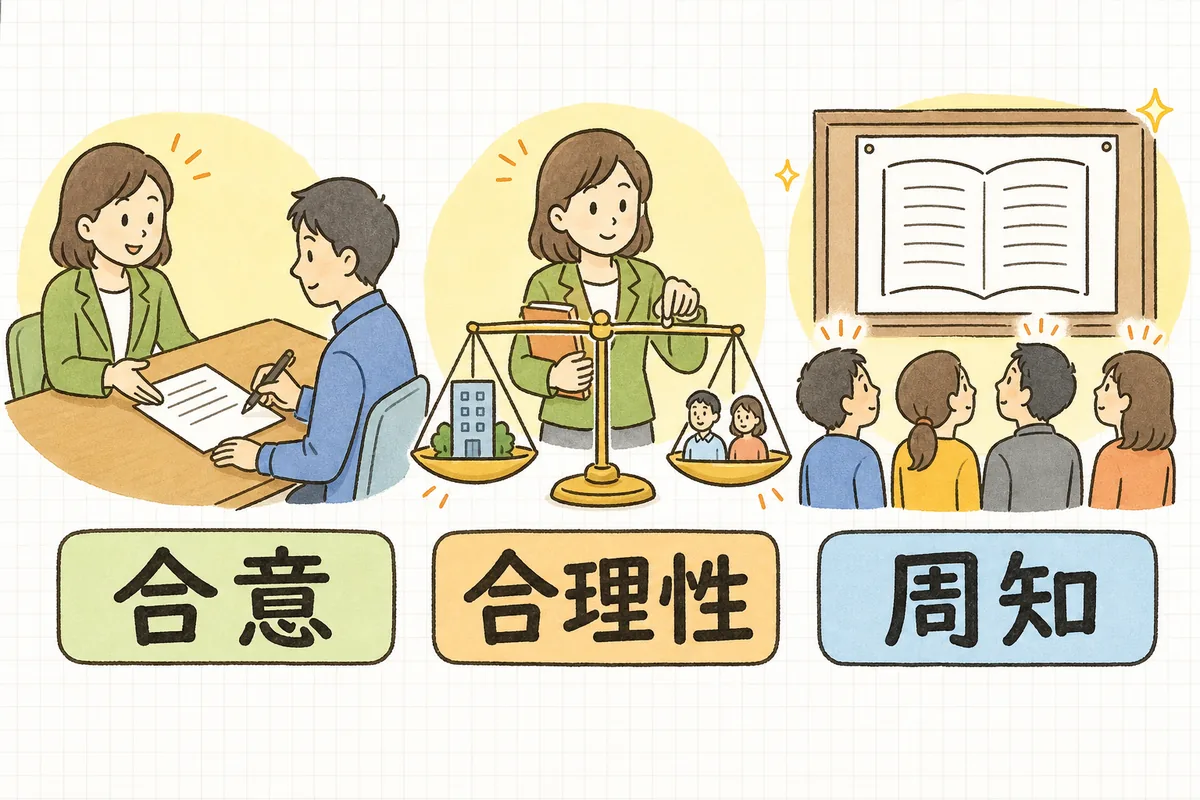 就業規則で労働条件を下げるときの2つの道すじ(一人ひとりの合意をもらう道と、合理性を確かめて周知する道)を左右に並べた概念図