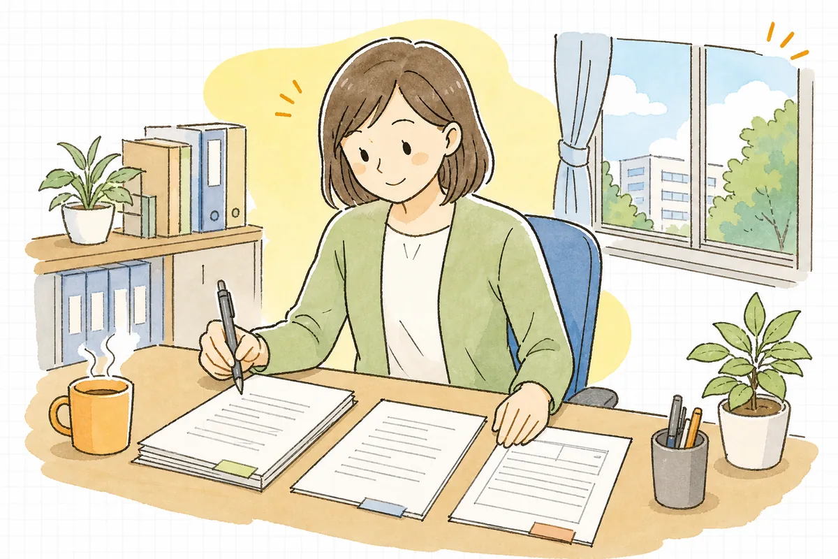 変更した就業規則の書類と労働者代表の意見書を机に広げ、労働基準監督署への届出の準備を落ち着いて進めている中小企業のひとり労務担当者