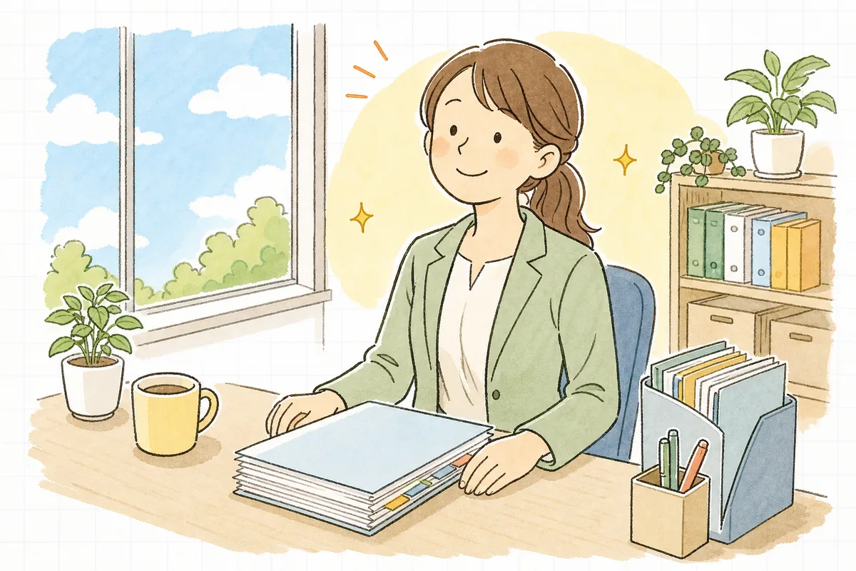 就業規則の変更届出と周知を終え、穏やかな表情で前を向いている中小企業のひとり労務担当者