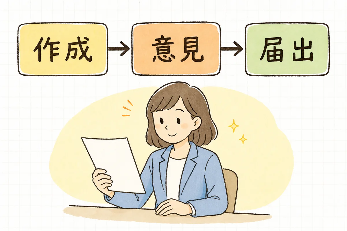 就業規則を作成・変更したら、過半数代表者の意見を聴いて意見書をもらい、届出に添付する流れを示した概念図