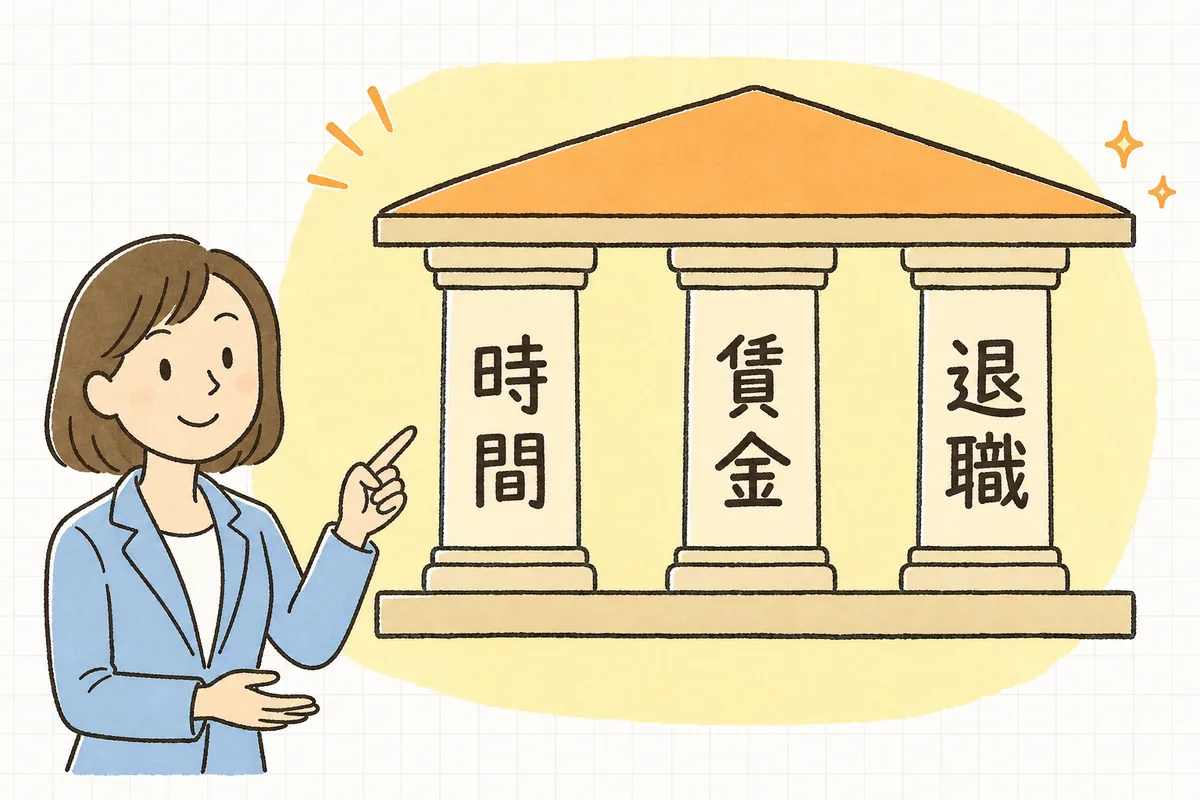 就業規則の絶対的記載事項を、労働時間・賃金・退職の3つのグループに分けて整理した概念図