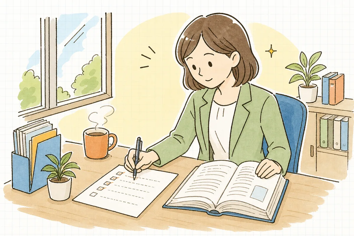 事務所の机で就業規則の冊子とチェックリストを広げ、必要な項目がそろっているか一つずつ確認している中小企業のひとり労務担当者