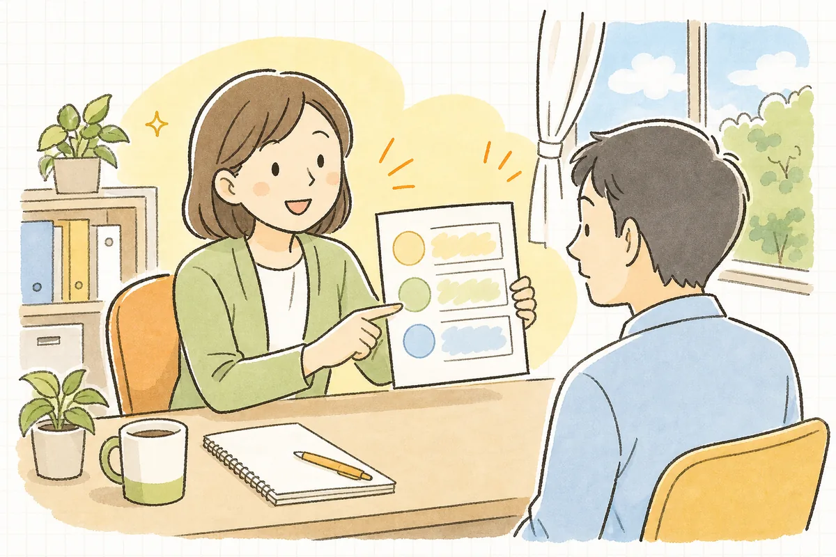退職する従業員から「保険証はどうすればいいですか」と相談され、健康保険の3つの選択肢の資料を机に広げて一緒に確認している中小企業のひとり労務担当者