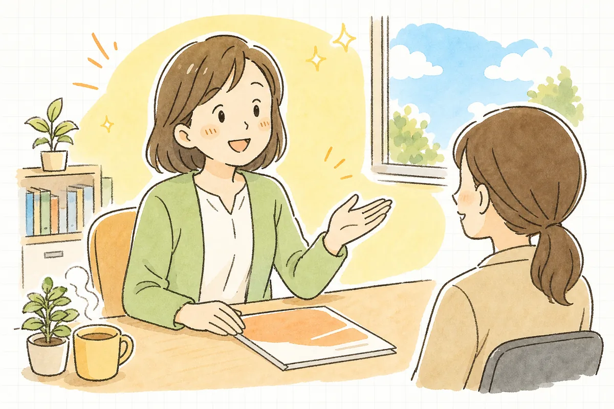 退職する従業員に健康保険の選択肢を案内し終え、相手が安心して次の一歩へ進めることに穏やかな表情を浮かべる中小企業のひとり労務担当者