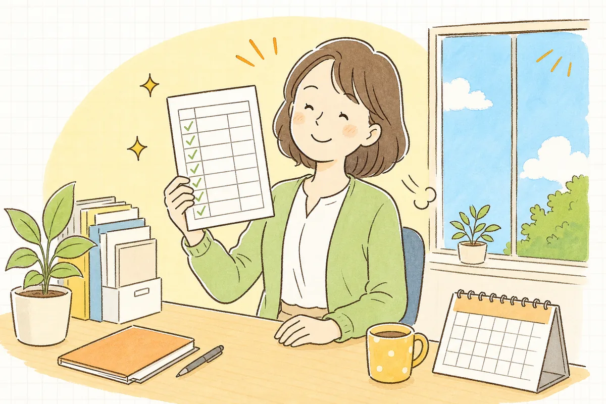 退職手続きの一覧表のチェック欄をすべて埋め終え、一人ぶんの対応をやり遂げて肩の力が抜け、穏やかにほほえむ労務担当者