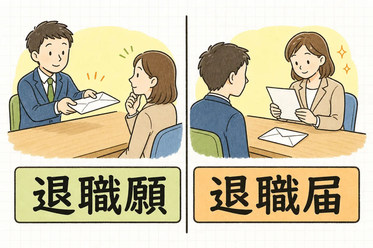 退職願は会社に差し出して返事を待つ申込みであり、退職届は届いた時点で効力が生じる一方的な意思表示であることを、二つの場面の対比で示した概念図