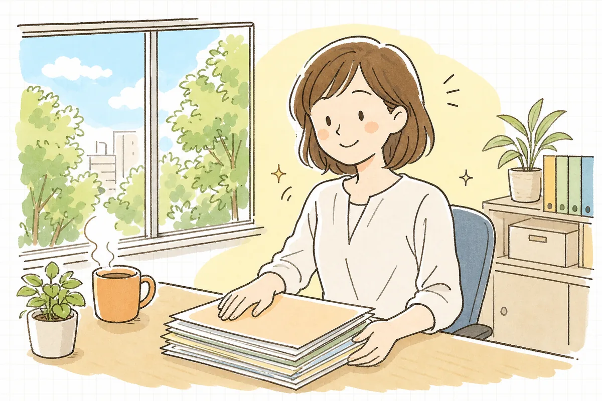 退職の申し出への対応を整理し終え、書類をそろえて穏やかに前を向いている中小企業のひとり労務担当者