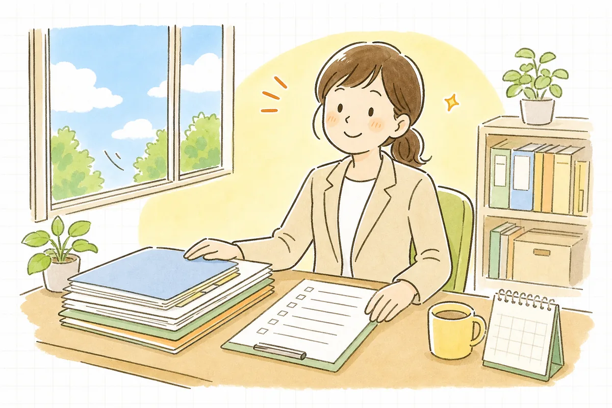 定年後の再雇用の準備を終え、ベテラン社員がこれからも安心して働ける段取りを整えて、穏やかにほほえむひとり労務担当者