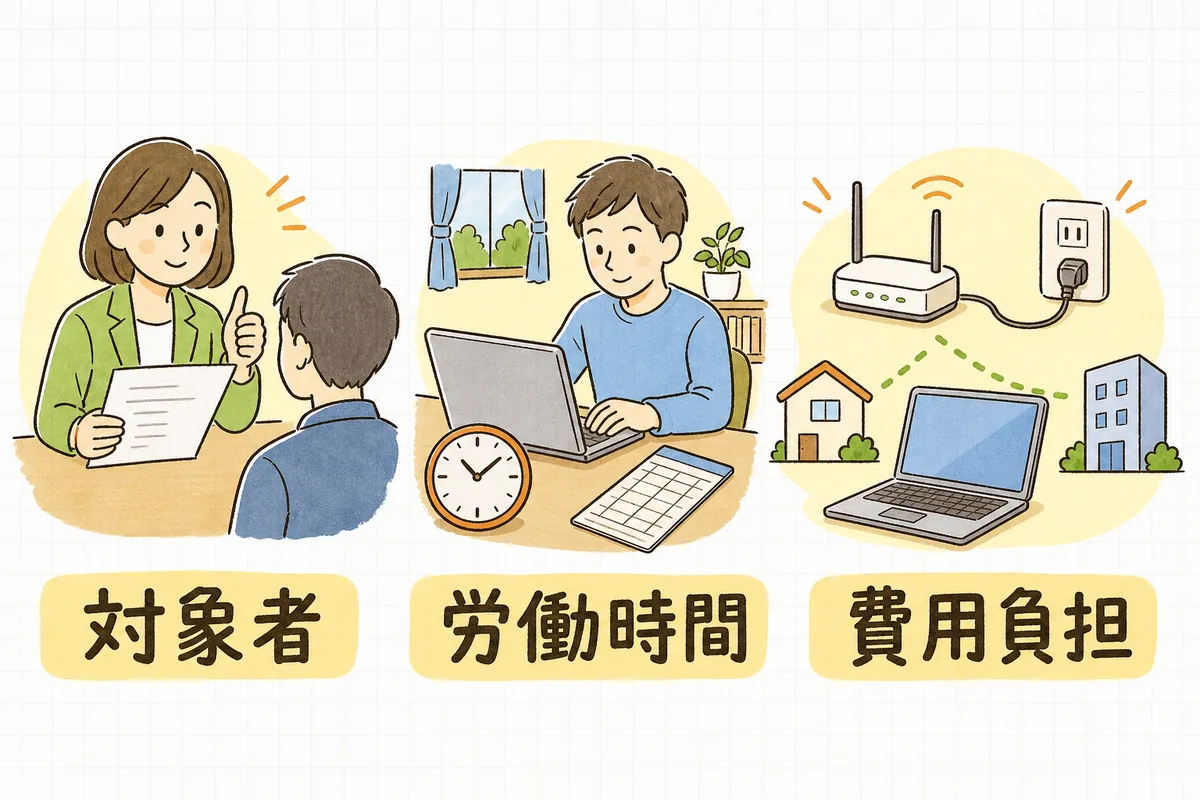 テレワーク規程で決める3つの柱(誰がやるかの対象者、労働時間の扱い、費用の負担)を左中右に並べた概念図