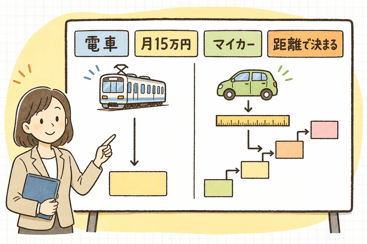 電車・バスは月15万円まで、マイカーは距離に応じた上限、という2つの非課税限度額の見方の違いを表す概念図
