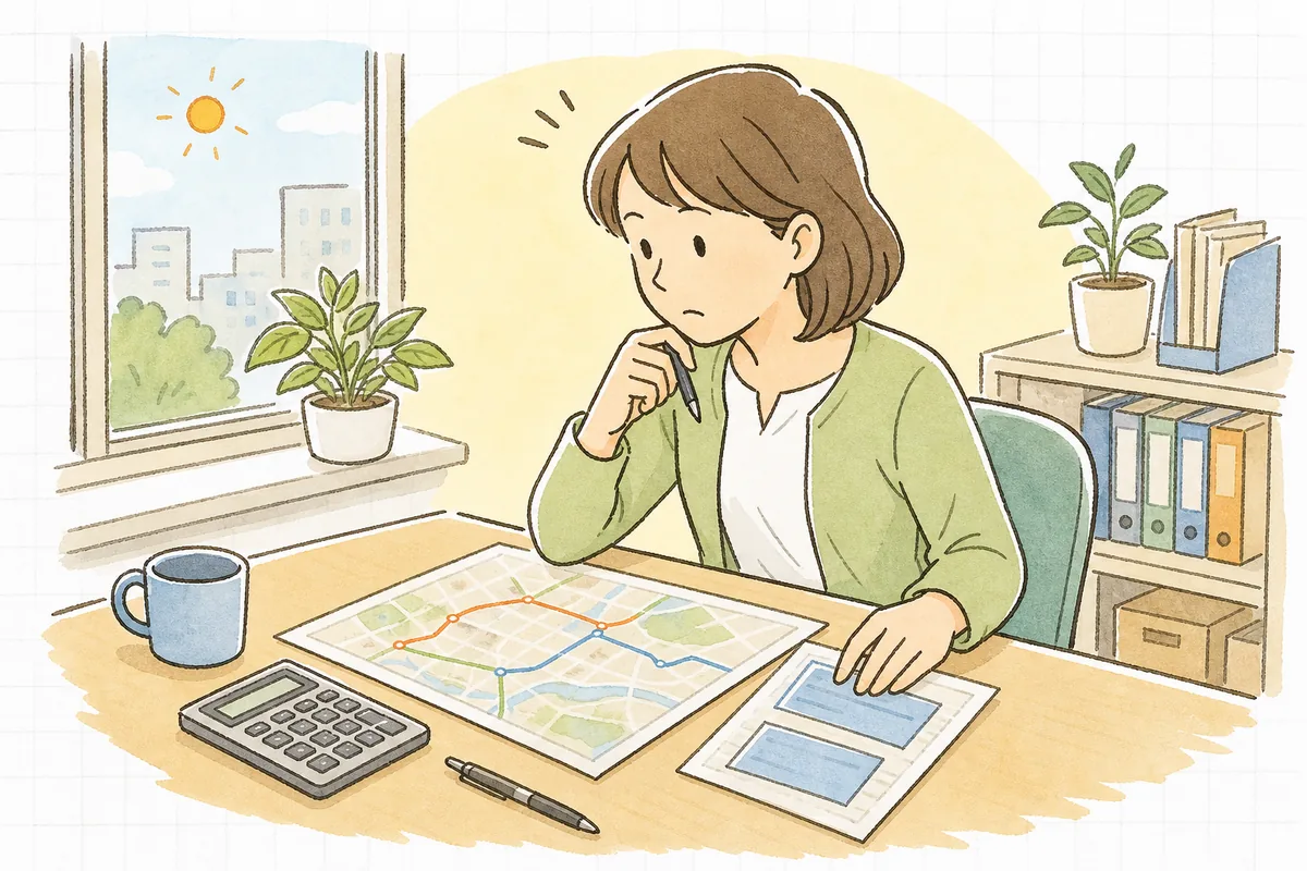 事務所の机で通勤経路図と給与明細を見比べながら、通勤手当のどこまでが非課税かを確認している中小企業のひとり労務担当者