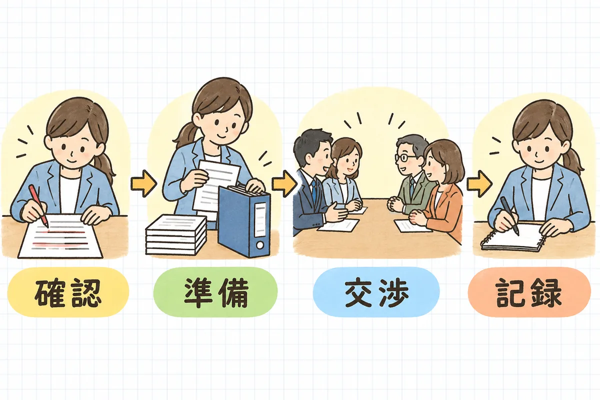 団体交渉の申入れを受けてから話し合いまでを、確認・準備・交渉・記録の4つの場面で左から右へ並べた流れ図