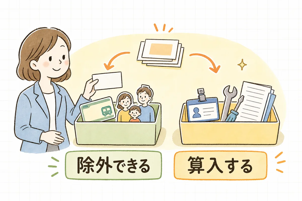 給与の手当を「割増賃金の基礎から除外できるもの」と「基礎に算入するもの」の2つの箱に仕分けている概念図