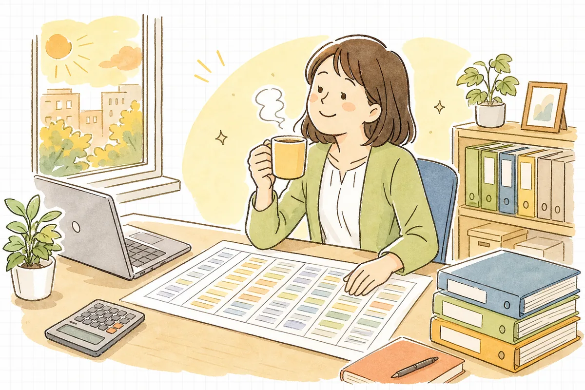 手当の仕分けを書き出した一覧表を机に広げ、肩の力が抜けた穏やかな表情でほほえんでいる中小企業のひとり労務担当者