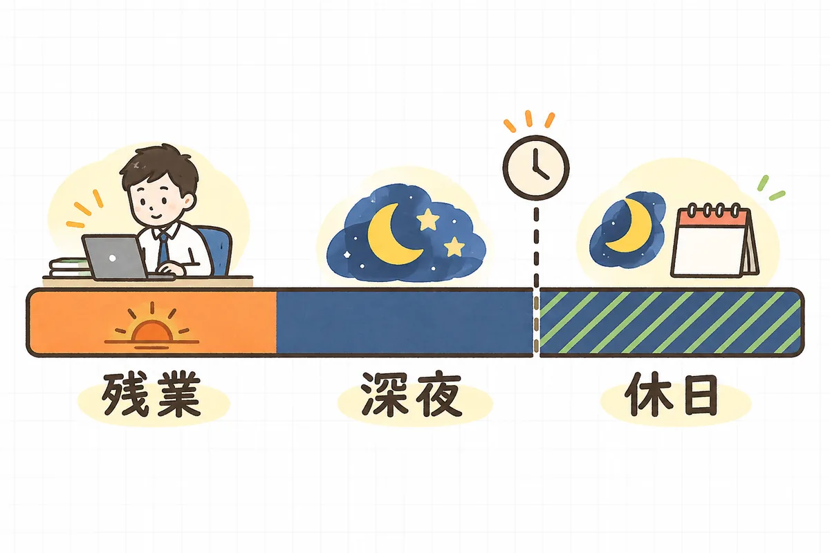 夜をまたぐ横長の時間の帯を3つの区間に分け、残業の時間、深夜の時間、日付が変わって翌日が休日になった時間で割増の扱いが変わることを示す図
