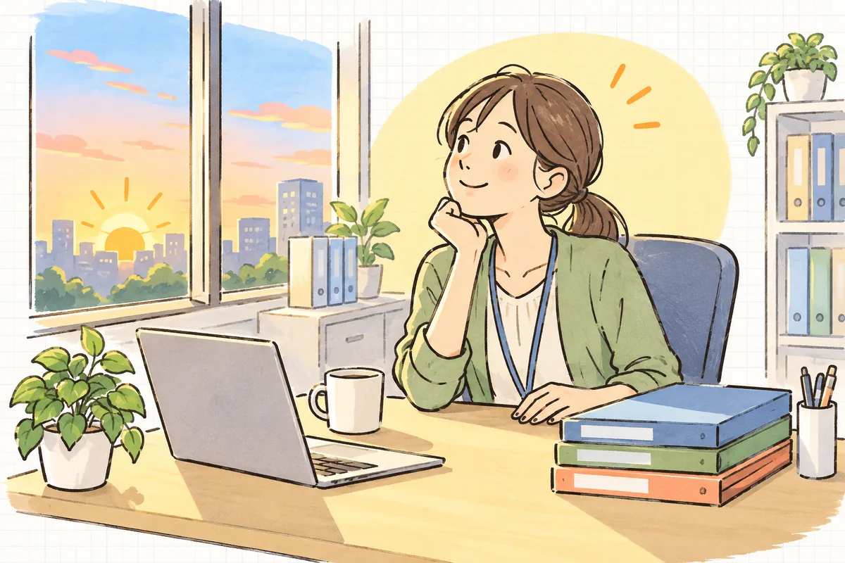 夜が明けた朝の事務所で、勤怠の整理を終えて窓の外の朝日を見ながら穏やかに微笑むひとり労務担当者