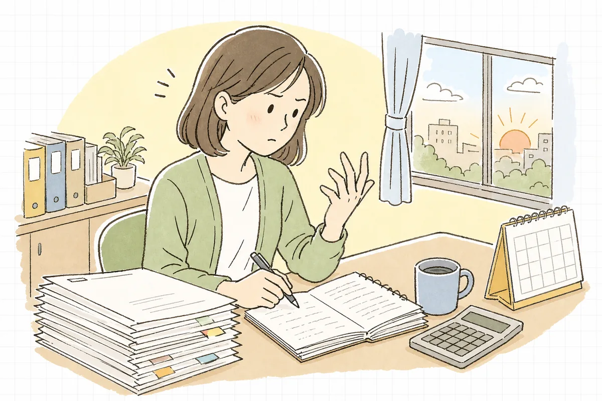 契約社員やパートの雇用契約書と更新履歴のメモを机に並べ、契約開始日から通算何年になるかを指で数えながら落ち着いて確認している中小企業のひとり労務担当者