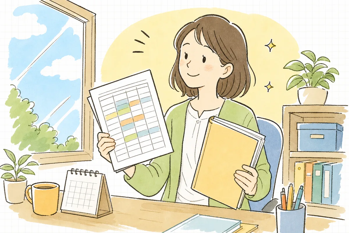 有期契約者の一覧表と最新の契約書テンプレートを整え終え、更新の見通しが立って肩の力が抜け、穏やかにほほえむ中小企業のひとり労務担当者