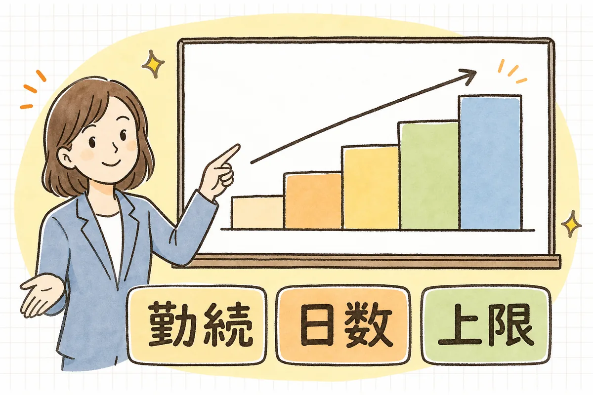 勤続6か月で10日から始まり1年ごとに増えて6年6か月以降は20日になる、正社員の年次有給休暇の付与日数の段階を示した概念図