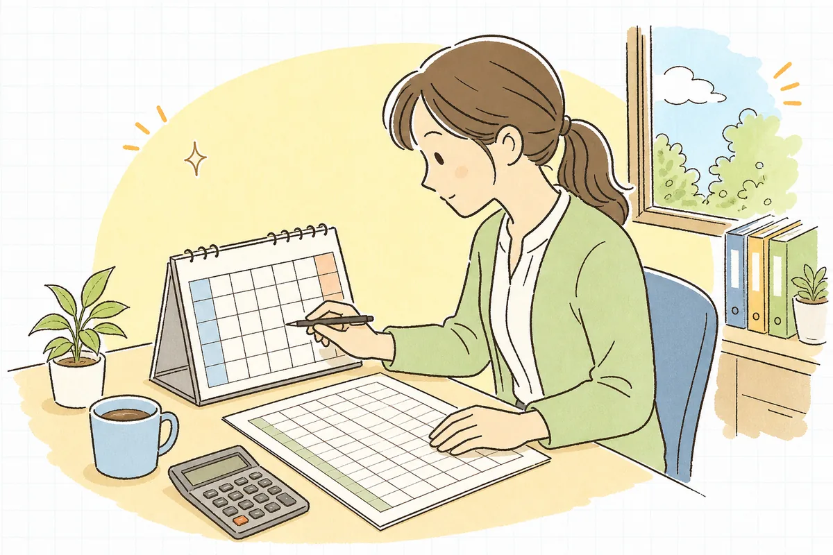 事務所の机でカレンダーと従業員ごとの有給休暇の取得状況メモを並べ、誰が何日取れているかを一人ずつ確認している中小企業のひとり労務担当者