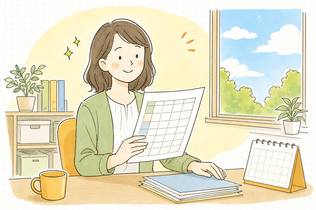 従業員ごとの有給取得状況の確認を終え、全員が必要な日数を取れている一覧を手に、肩の力が抜けて穏やかにほほえむ労務担当者