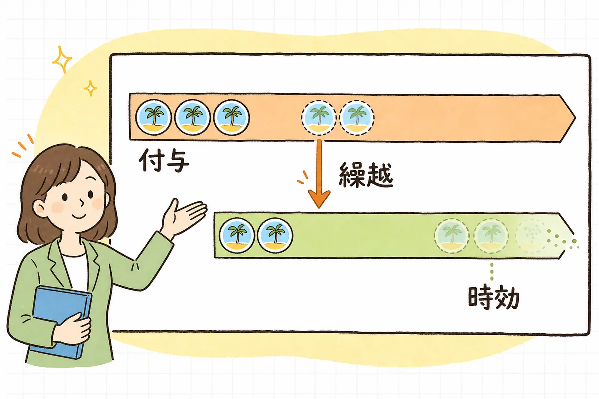 有給休暇が付与された分を1年目に使いきれなければ2年目へ繰り越され、2年目の終わりに時効で消滅するまでの流れを、付与・繰越・時効の3段階で表した概念図