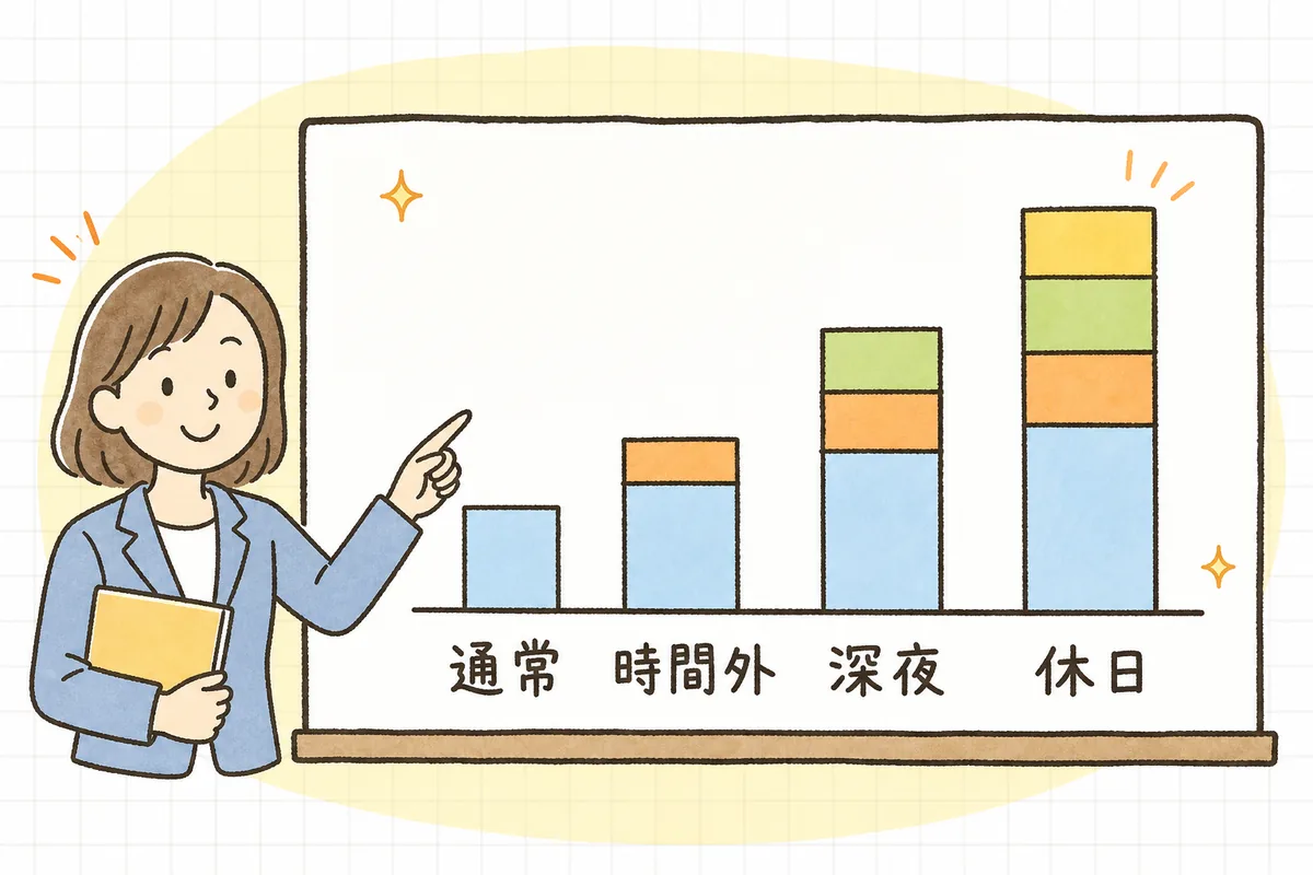 通常の時給を土台に、時間外・深夜・休日の割増が積み重なって金額が上がっていく様子を表す概念図
