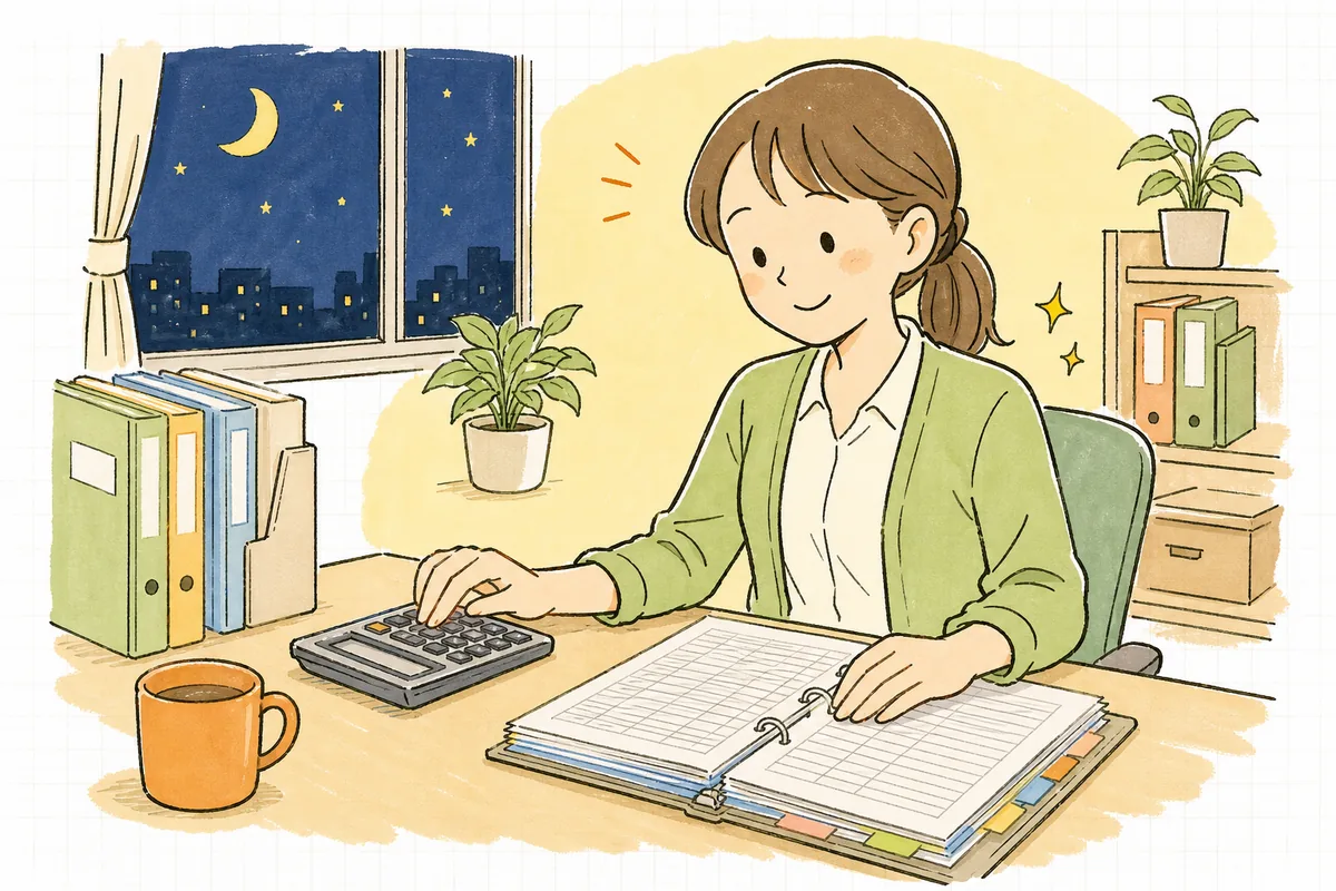 残業代の計算を終え、電卓と勤怠記録を前に肩の力が抜けて穏やかにほほえむ労務担当者